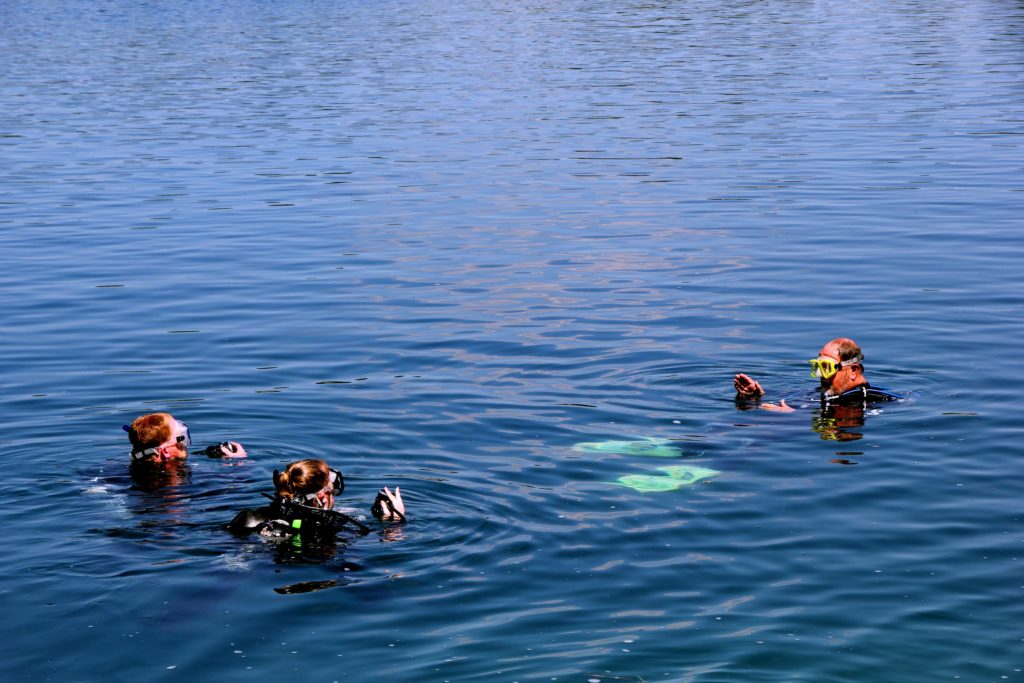 Dive instructor in the water with students