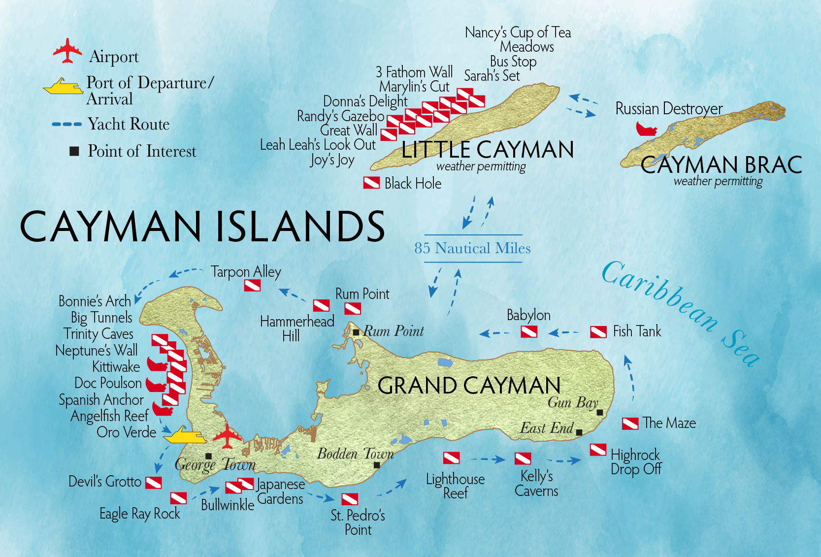 The itinerary of the trip shows several dive flags along the coasts of all three Cayman islands.