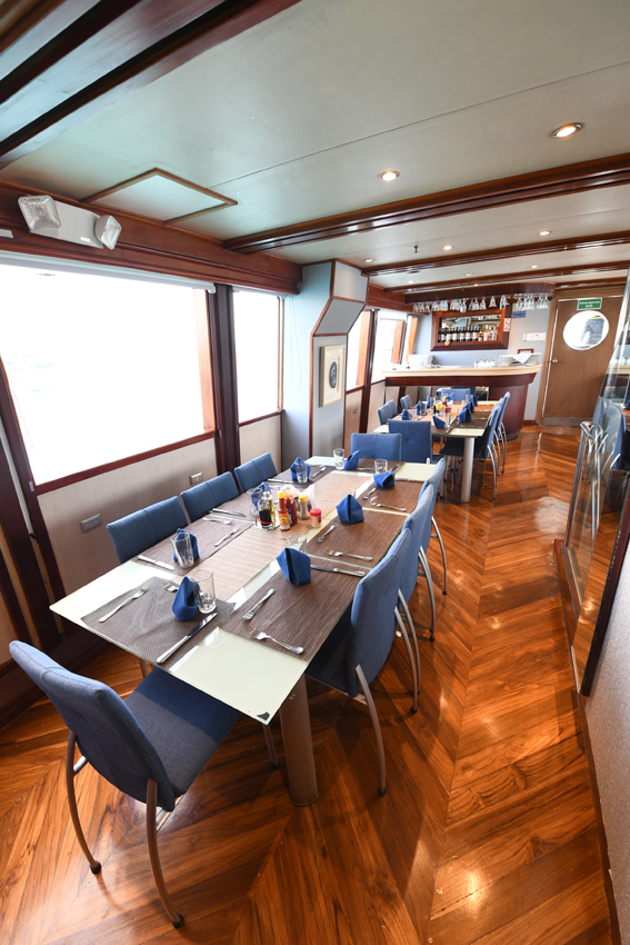 The dining room of the Humboldt Explorer has several blue seats at a long dining room table. The room is well hit and has bright wood floors. 