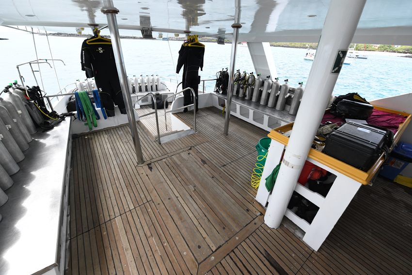 The dive deck of the Humboldt Explorer has several tanks and benches along the outside and wet suits are hanging up in the back. 