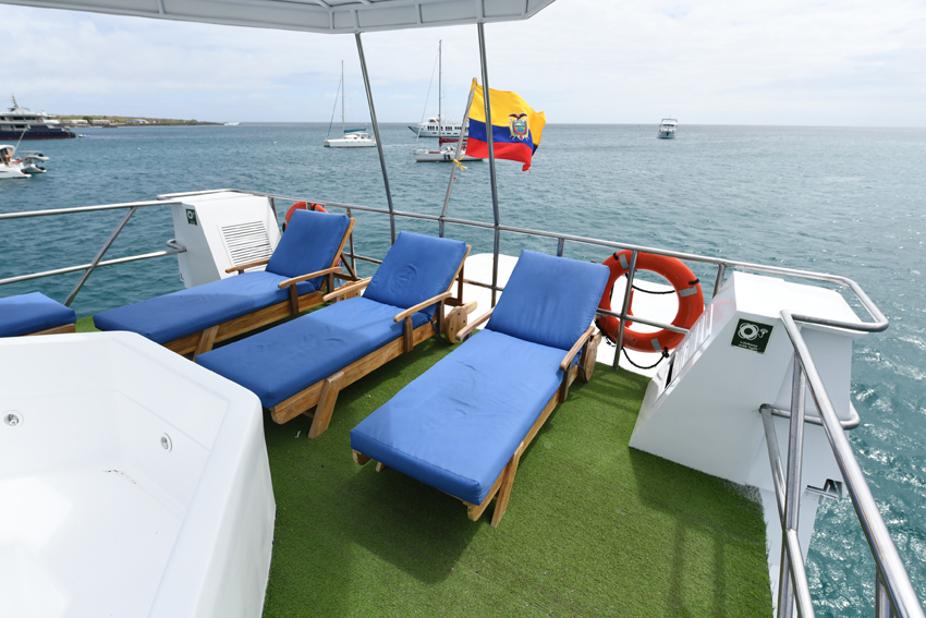 The sundeck of the Humboldt Explorer is covered in a green surface and three blue sunchairs are spread out on the deck. 