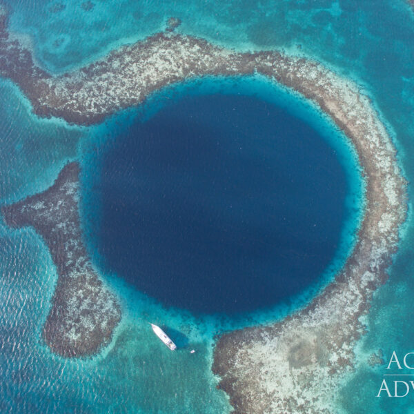 A blue hole is seen below in the ocean. The hole is a much darker color than the rest of the ocean and is perfectly round.