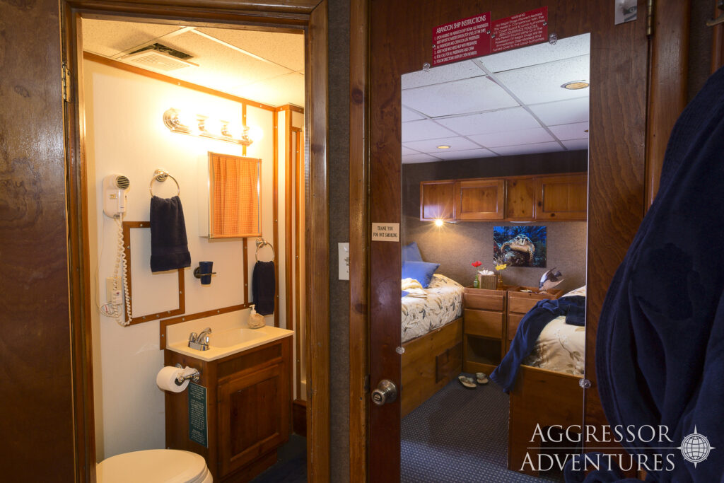 The inside of one of the guest rooms on the Belize Aggressor IV shows the backside of the main door with a mirror and the door to the private bathroom on the left. 