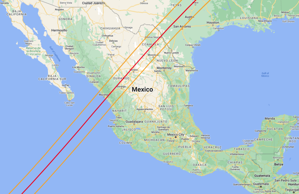 The path of the total solar eclipse shows the eclipse happening over the trip's destination.